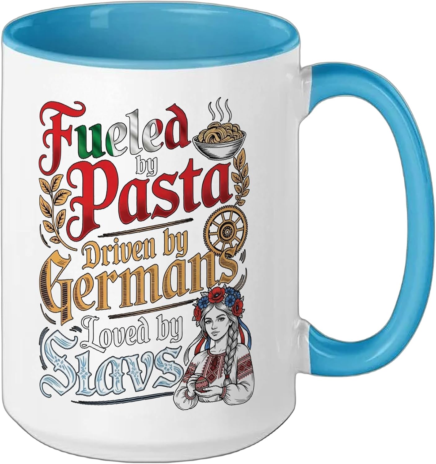 Fueled Pasta Driven By Germans Loved By Slavs Italy Germany Ceramic Mug, Blue/White, 15oz image 2