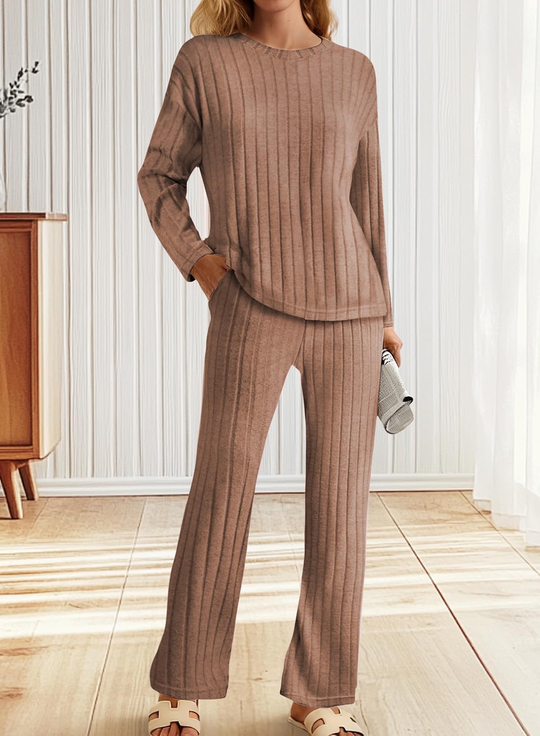 Deer Lady Women's Pajama Sets 2 Pieces Long Sleeve Lounge Set Ribbed Knit Casual Soft Fall Sleepwear with Pockets 2025 - Image 3