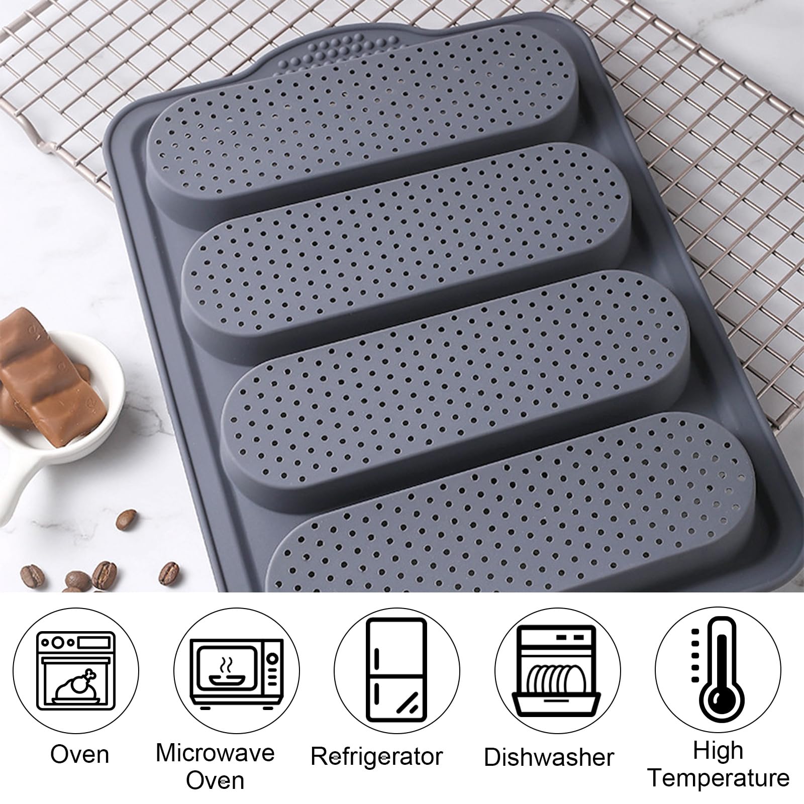 Baking Mould baguette baking Vassoio 3 Rolls Antiaderente Pane Stampi da forno baguette Vassoio Easy Clean Silicone Baking baguette Strumento di pane per la cottura (grigio, baguette)