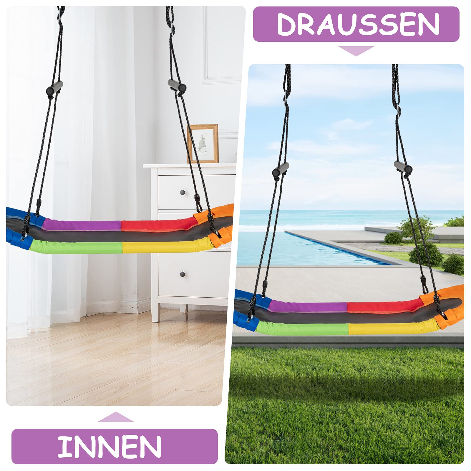 GOPLUS Höheverstellbare Schaukel bis 150 kg belastbar, Gartenschaukel für Erwachsene oder Kinder, extra breiter Sitz für Mehrkind, ahmen aus Stahl, Kinderschaukel für Innen und Außenbereich (Bunt)