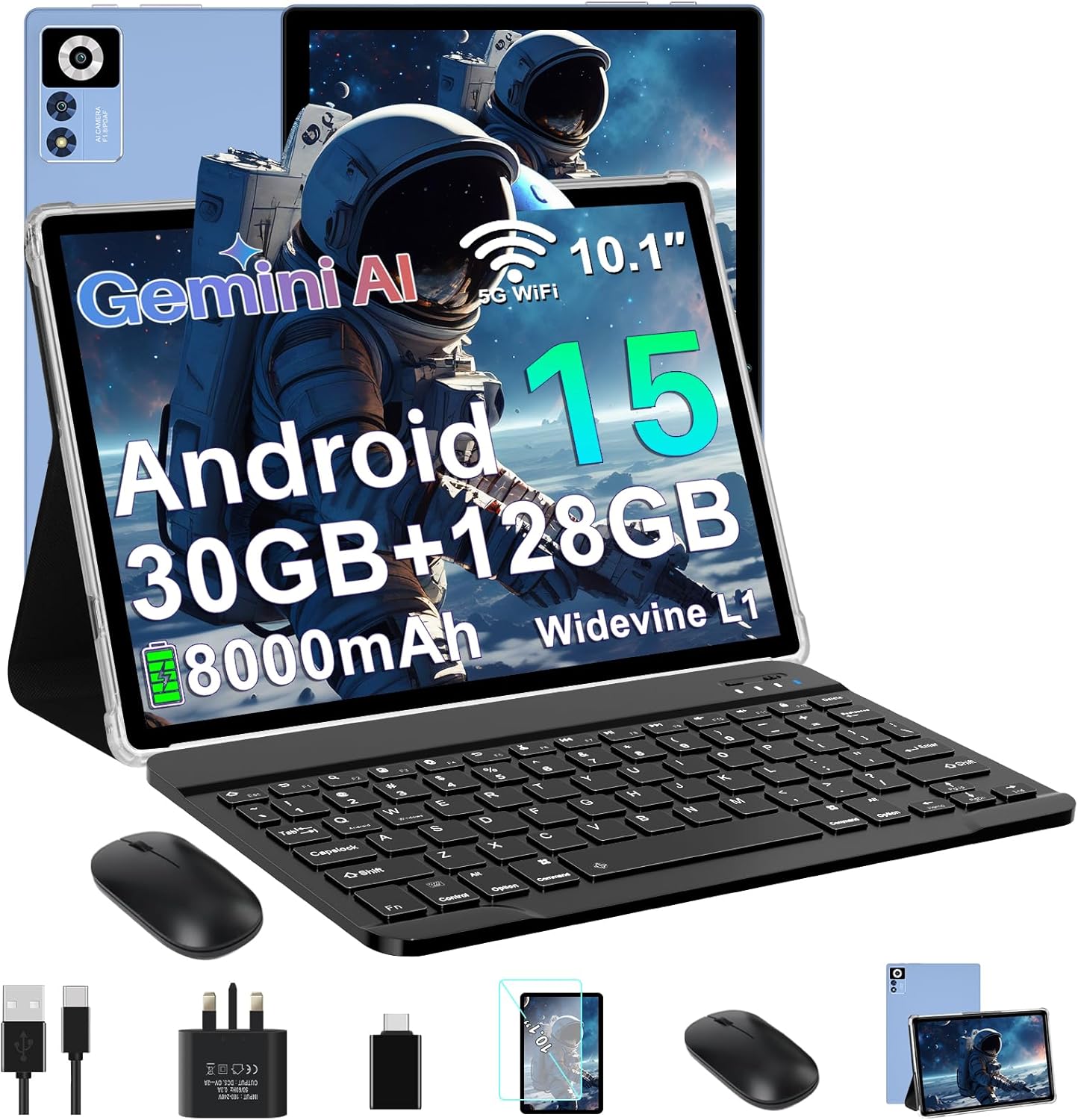 Tablet 10 Inch Android 15, 30GB RAM+128GB ROM (TF 2TB), 5G WiFi Tablets,Gemini AI/Widevine L1/8000 mAh/Octa-Core 2.0GHz/8+5MP/Bluetooth 5.0/GPS/Face ID/2-in-1 Tablet with Keyboard and Mouse-Blue