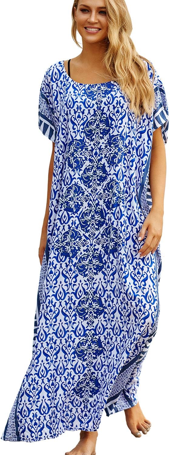Women's Cotton Print Kaftan Swimsuit Kimono Cover Up Loose Beach Robe Maxi Dress