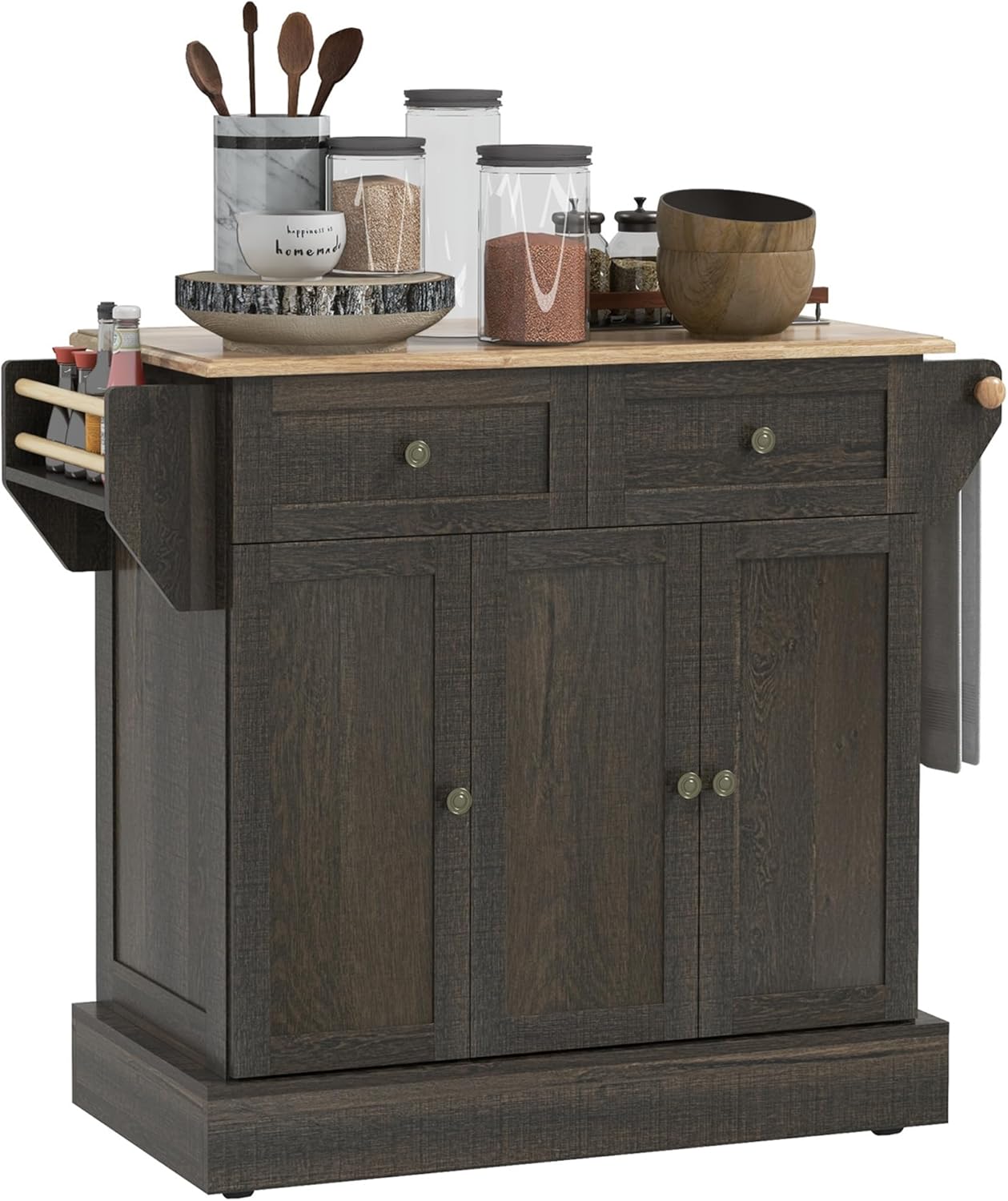 Triple-Cabinet Kitchen Island on Wheels, Kitchen Storage Cabinet with Drawers & Countertop, Rolling Utility Cart with Wood Top, Towel Rack, Spice Stand, Distressed Brown