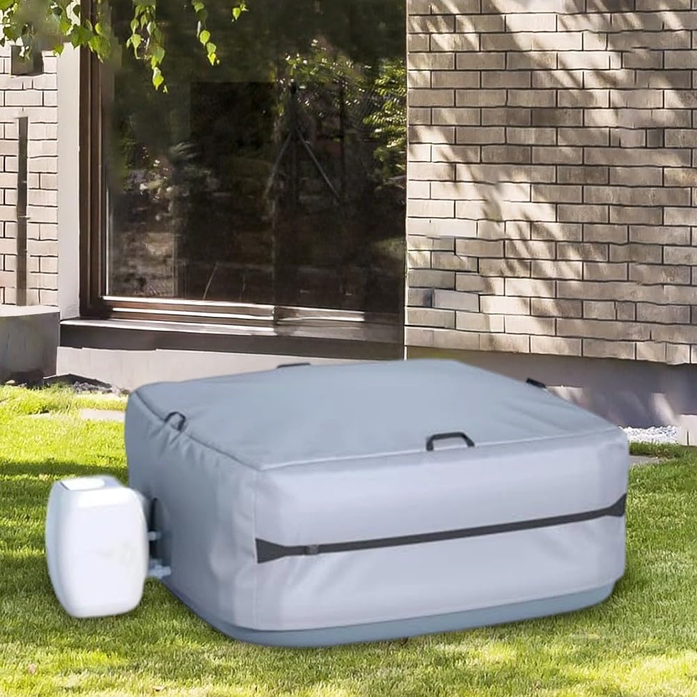 Housse d'isolation de baignoire conçue pour les jacuzzis carrés de 180 cm, avec couche d'isolation en film d'aluminium, quatre boucles, deux cordons de serrage et un matériau Oxford