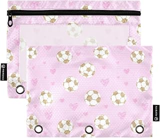 Cartoon Soccer Ball Pink Pencil Pouch for 3 Ring Binder Pencil Bag with Zipper 2 Pack Pencil Case Waterproof with Clear Window for School Office Supplies