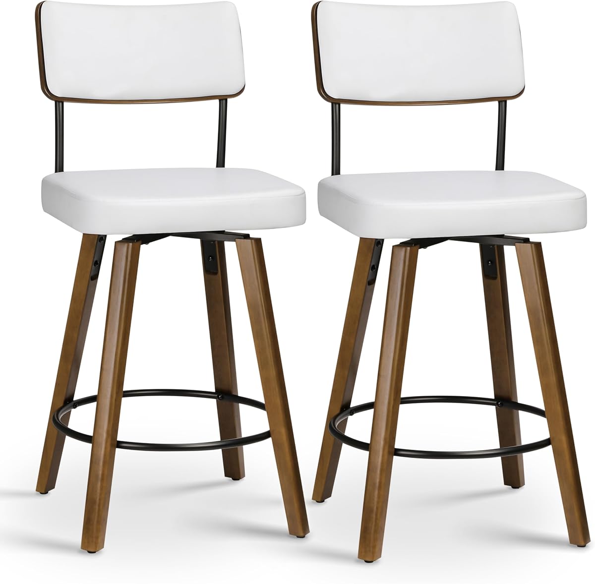 White Bar Stools, 25inch Swivel Bar Chairs Set of 2, Wood Barstools Counter Stools with Upholstered Seat and Back, Modern Counter Height Bar Stools for Kitchen Island, Pub, Home Bar, White