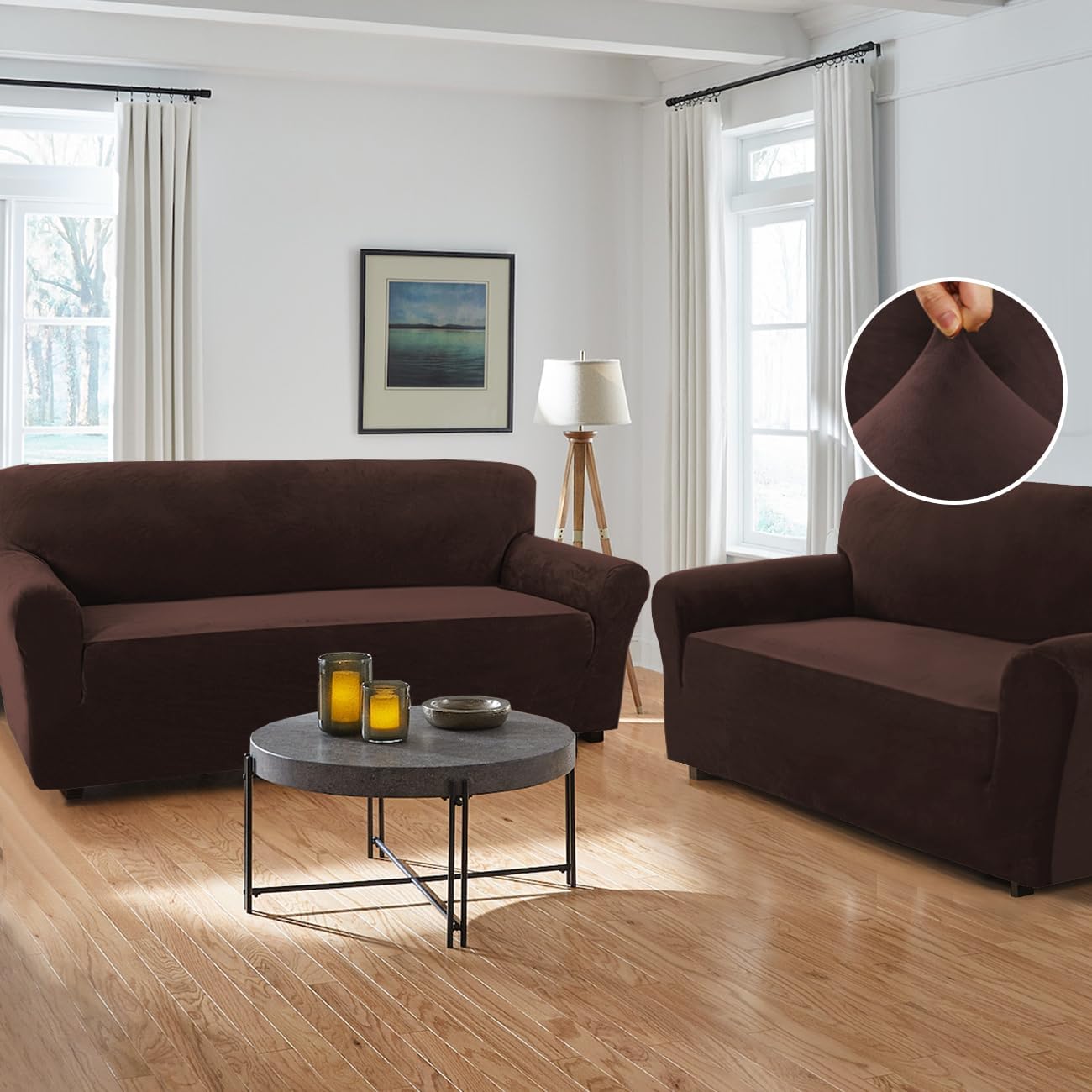 H.VERSAILTEX Stretch Velvet Couch Cover 2 Pieces Set Include 1 Piece Sofa Cover Couch Cover and 1 Piece Loveseat Cover Slipcover Crafted from Thick Comfy Rich Velour (Sofa + Loveseat,Chocolate)OEKO-TEX STANDARD 100