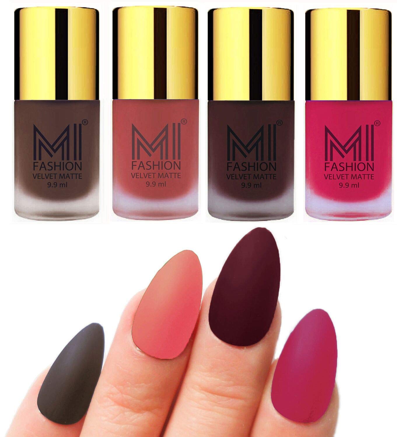 MI FASHION Smooth Finsh 9.9ml Velvet Matte Lacquer Nail Polish Combo Coffee, Light Peach, Wine, Pink (Pack Of-4)-image-17