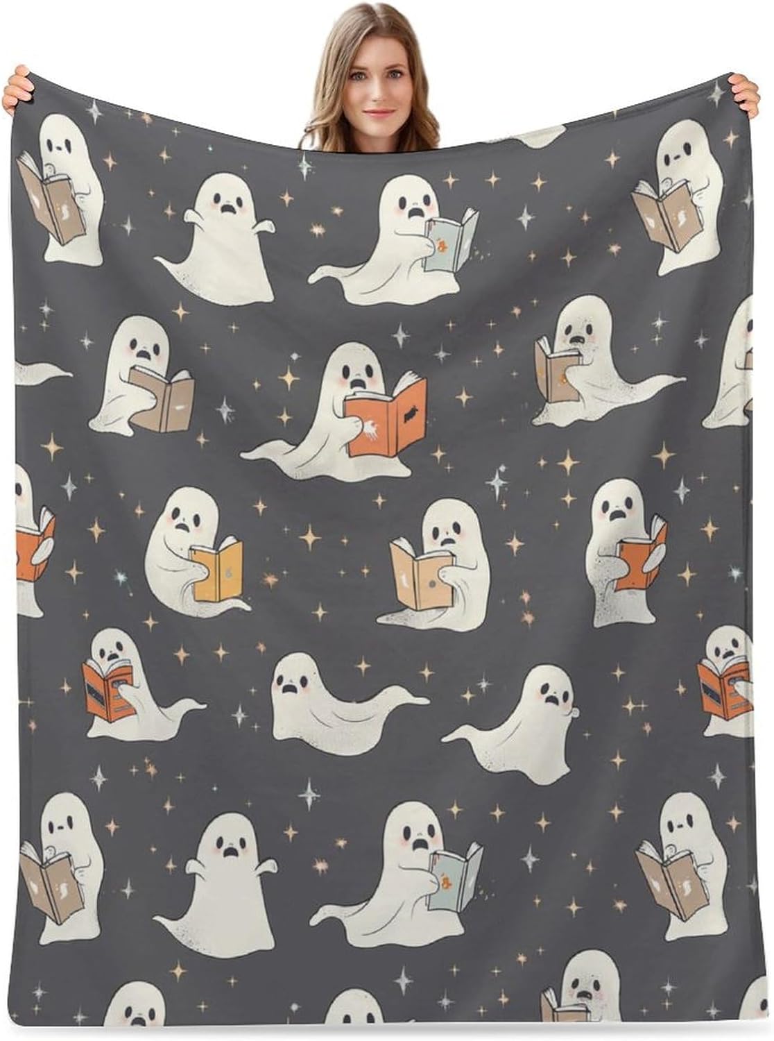 Delerain Flannel Blanket Cute Ghosts Reading Books Lightweight Cozy Bed Blanket Soft Throw Blanket fits Couch Sofa Suitable for All Season 60"x80" for Adults Women Men