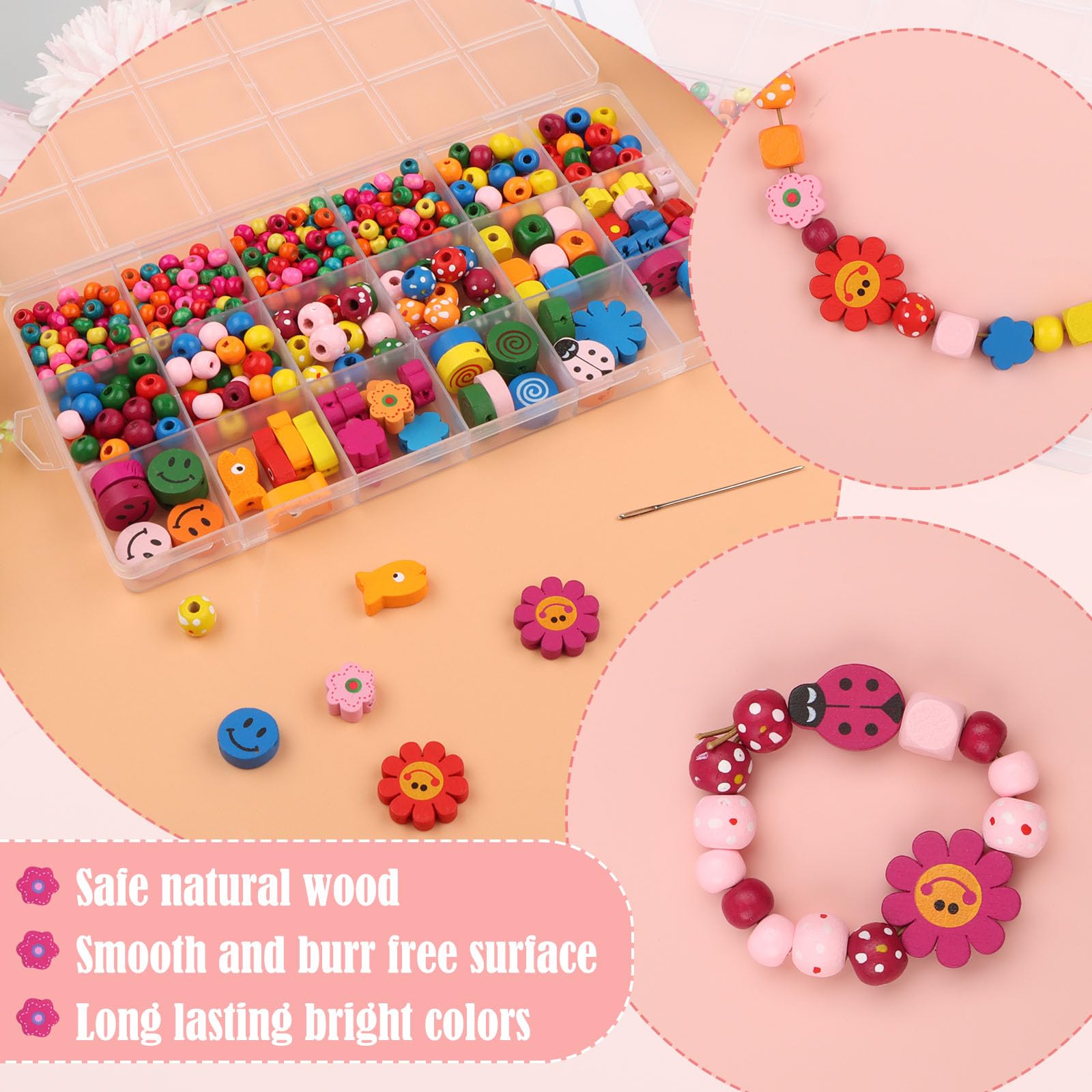 JTgugu Craft Colourful Wooden Beads for Threading DIY Bead Jewellery Set Children Wooden Beads with Hole for Threading Craft Beads for Bracelets Cord Set Necklaces Gift for Girls (500 Pieces) - Image 4