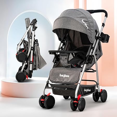 Baybee Convertible Infant Baby Pram Stroller for Newborn Babies with 3-Position Adjustable Seat & Canopy, Reversible Bassinet & 5 Point Safety Belt | Baby Stroller for Toddlers 0 to 3 Years Boy Girl (Grey)