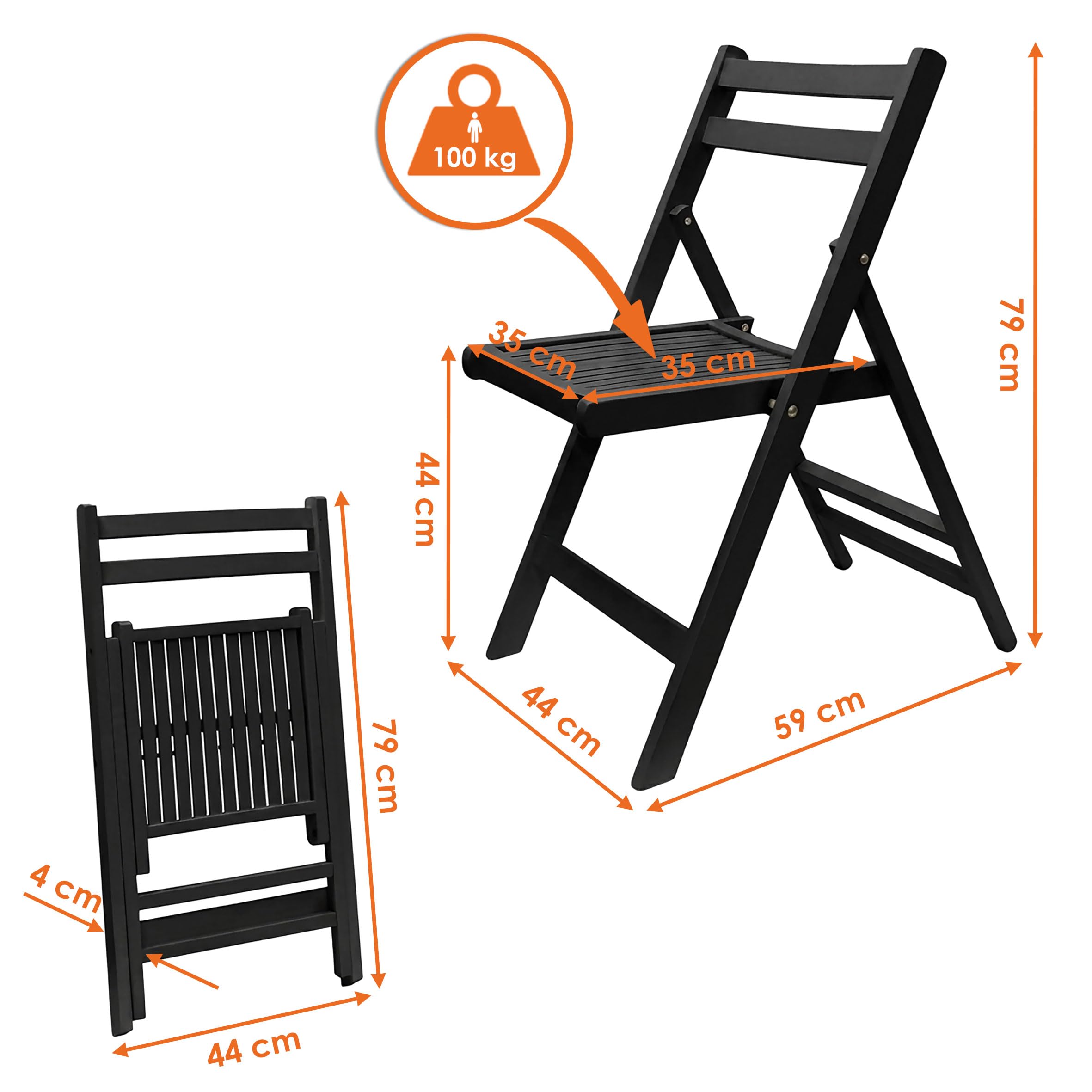 Spetebo Sedia pieghevole in legno nero, 79 x 59 cm, portata fino a 100 kg, pieghevole, stabile, senza montaggio, per cucina, soggiorno, interno