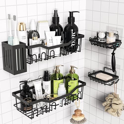Paquete de 5 organizadores de ducha a prueba de óxido para baño, gran capacidad, sin perforaciones, estantes de ducha adhesivos para estante de