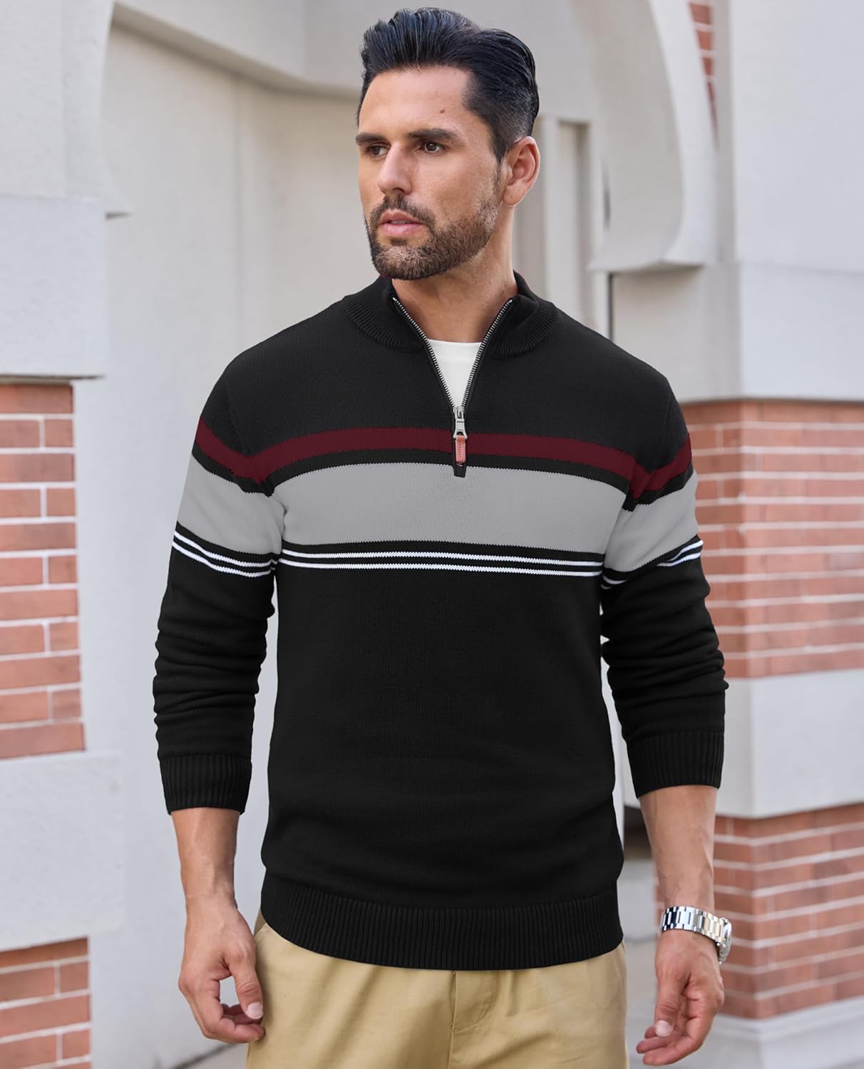 EKLENTSON Men's Quarter Zip Pullover Sweater Striped Knitted Turtleneck Pullover Winter Golf Sweater - Image 4