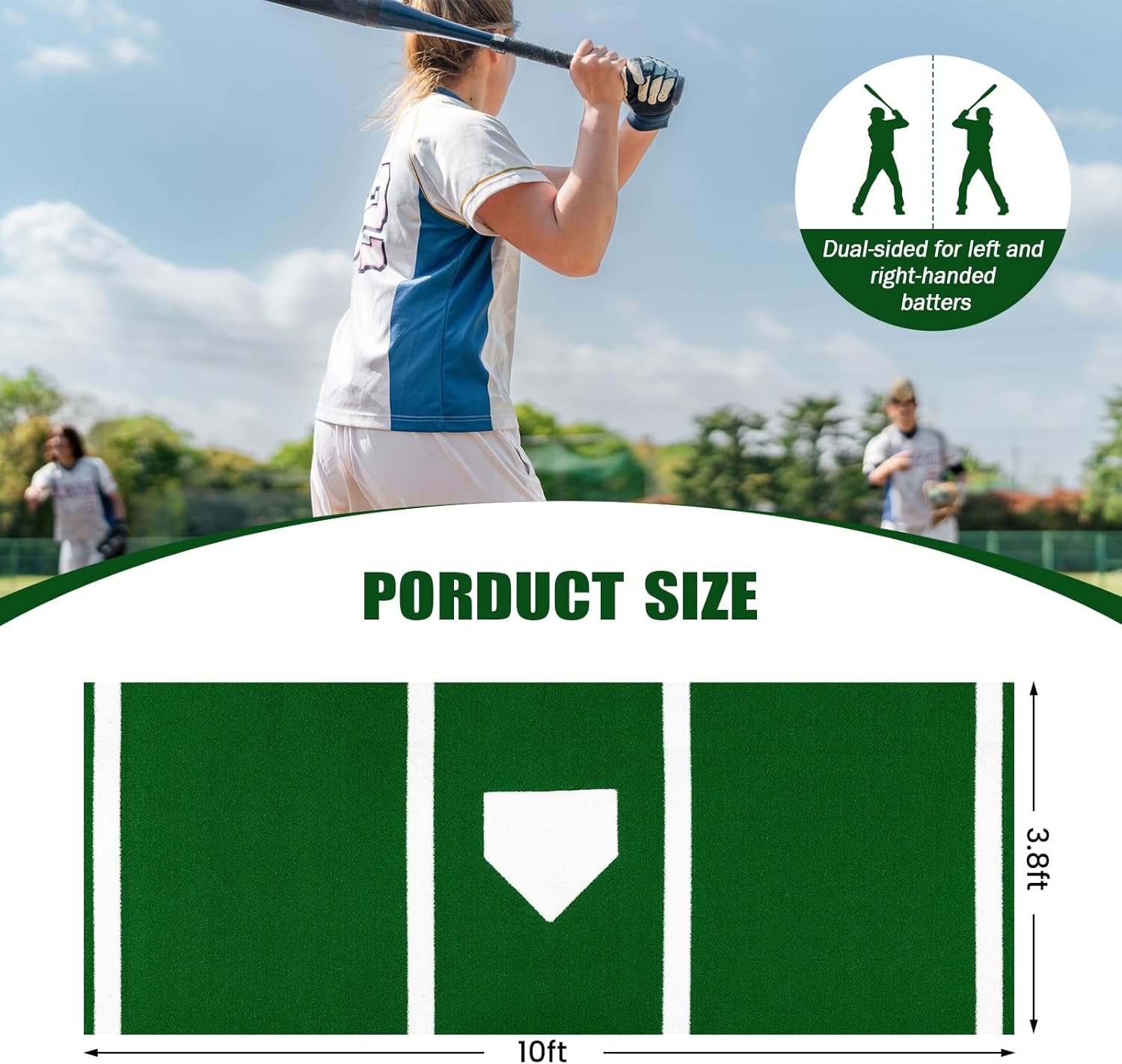 Goplus Baseball Batting Mat, 10x3.8 ft Softball Hitting Mat with 15 mm Turf, Home Plate & Batters Box Lines, Anti-Slip Portable Roll-Up Batting Cage Mat for Indoor Outdoor Training