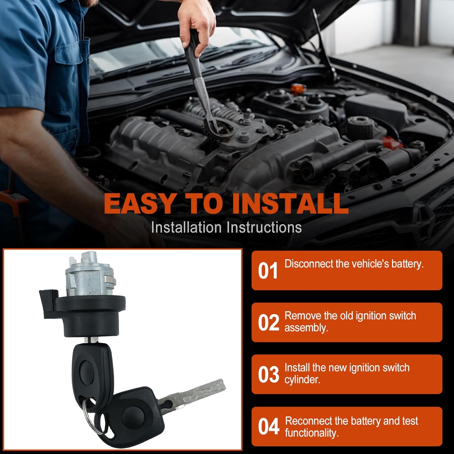 Ignition Switch Steering Lock Cylinder with Key 1T0-905-855-A - Ignition Starter Switch Compatible with Tiguan, VW Jetta, Golf, Beetle, EOS, Passat, Audi A3, A4, A6, TT (No Chips) - Image 5