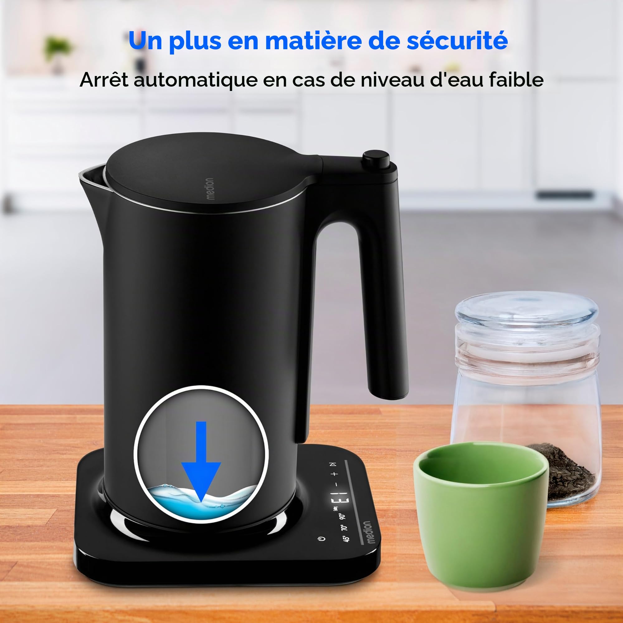 MEDION LIFE Bouilloire numérique MD12106 (2.200 W, 1,5 L, affichage LED, bande lumineuse LED, programmes automatiques, sécurité enfants, noir)