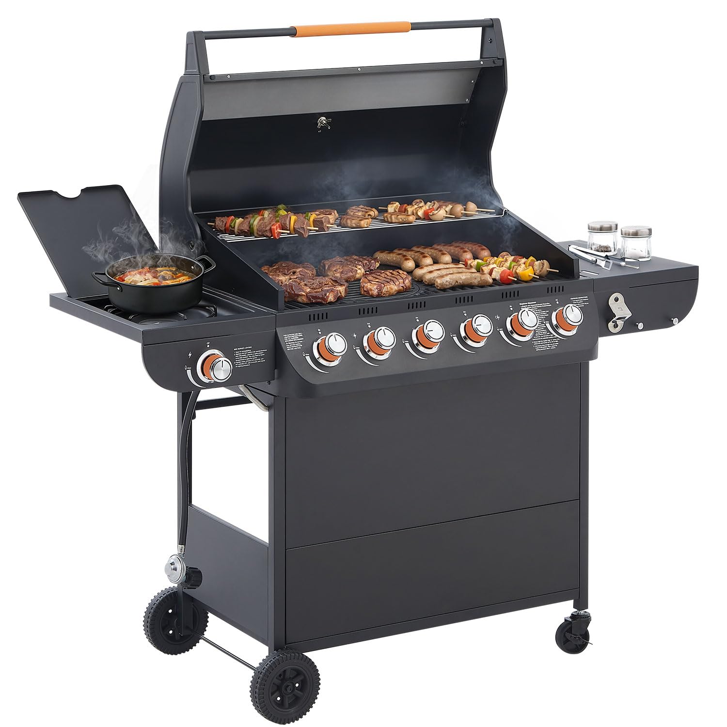 6 Burner BBQ Propane Gas Grill with Side Burner, 72000 BTU Output, Stainless Steel Barbecue Grill with Cast Iron Grates and Side Tables, Locking Wheels for Outdoor Cooking Kitchen and Patio