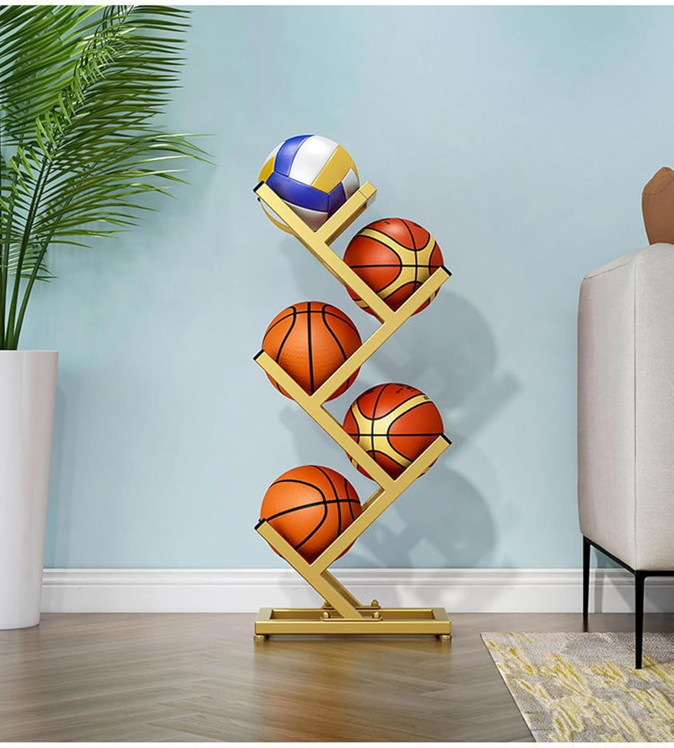 Vertical Ball Storage Rack, Freestanding Basketball Rack Holder And Organizer, Extra Large Capacity Metal Ball Rack for Basketball Rugby Volleyball Football Display (Gold-5)