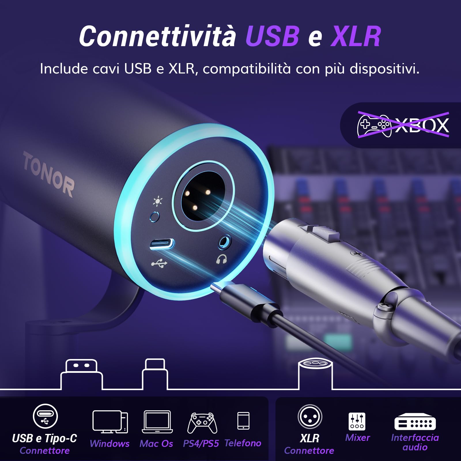 TONOR Microfono Gaming USB/XLR con Supporto da Braccio, Microfono PC Dinamico RGB per Twitch, Streaming, Podcasting, Discord, Microfono in metallo Cardioide per Mac Android, 200cm,TD520S+