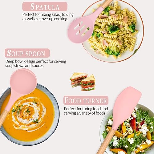 Miniatura 3 de Juego de utensilios de cocina de silicona de alta calidad, 33 piezas, resistente al calor a 446 F, antiadherente, sin BPA, asas de madera, espátula,