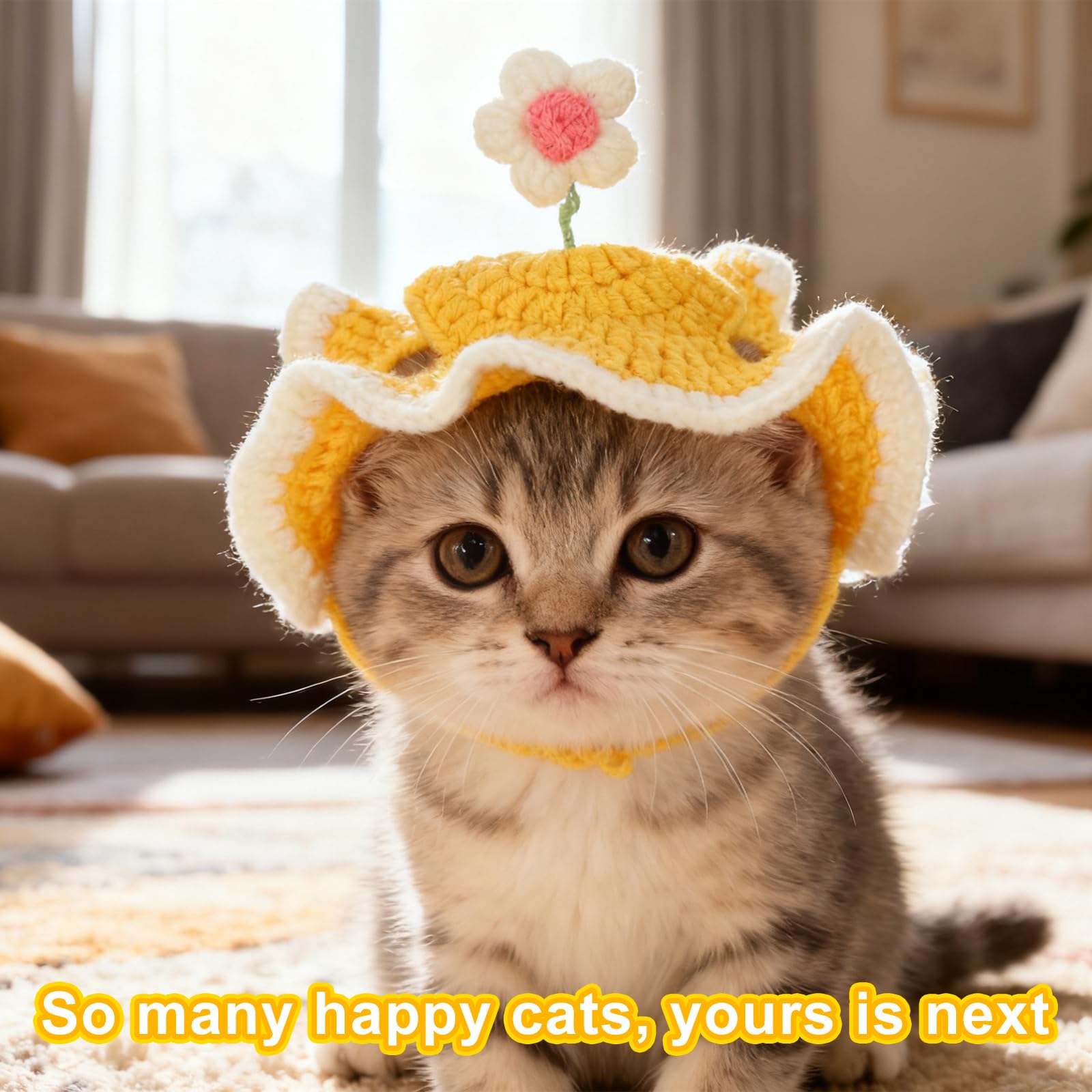 Chapeau d'anniversaire pour Chat avec Trous Oreilles, Ajustable Chapeau Chat Tricoté avec Mignon Design Fleur Dressée pour Fête d'anniversaire Vacances Séances Photo (Jaune)