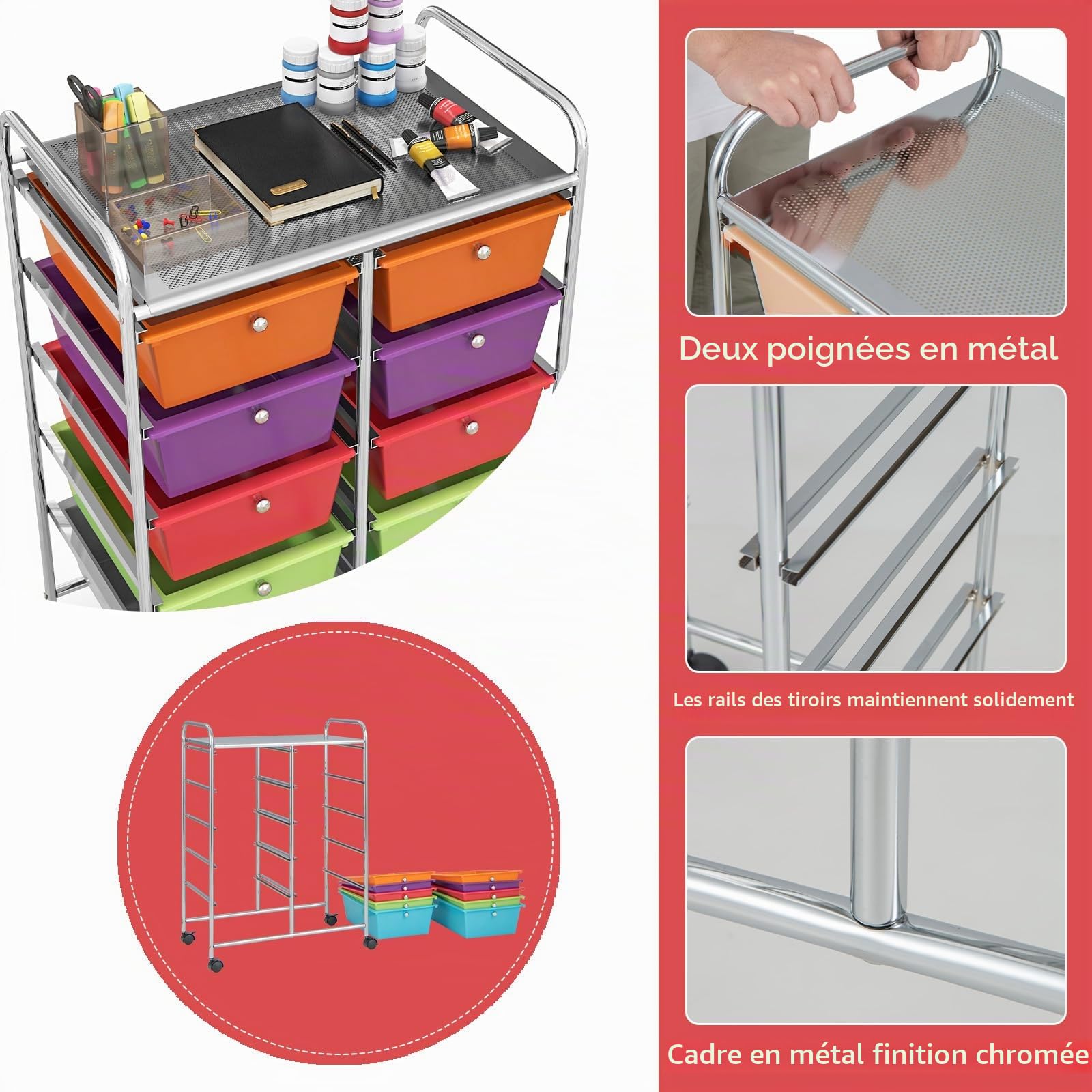 KOMFOTTEU Chariot de Rangement à 10 Tiroirs, Meuble Tiroir à Roulettes verrouillage, Chariot en plastique, Chariot organisateur, pour Bureau, Salle de Bains, Salon (Coloré)