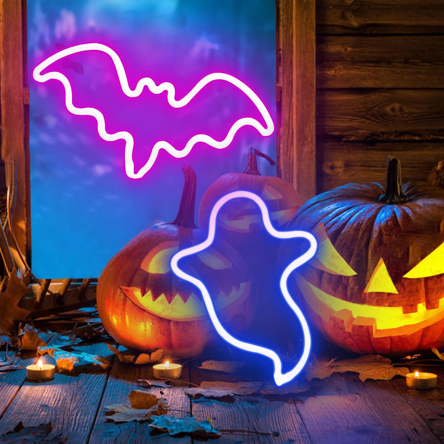 2 Pack Halloween Decoration LEDs Neon Sign Light Ghost Neon Sign Bat Lights Neon Signs Hanging Neon Signs for Halloween Party Decorations Indoor Home Window Decorations(Batteries Not Included) - Image 5