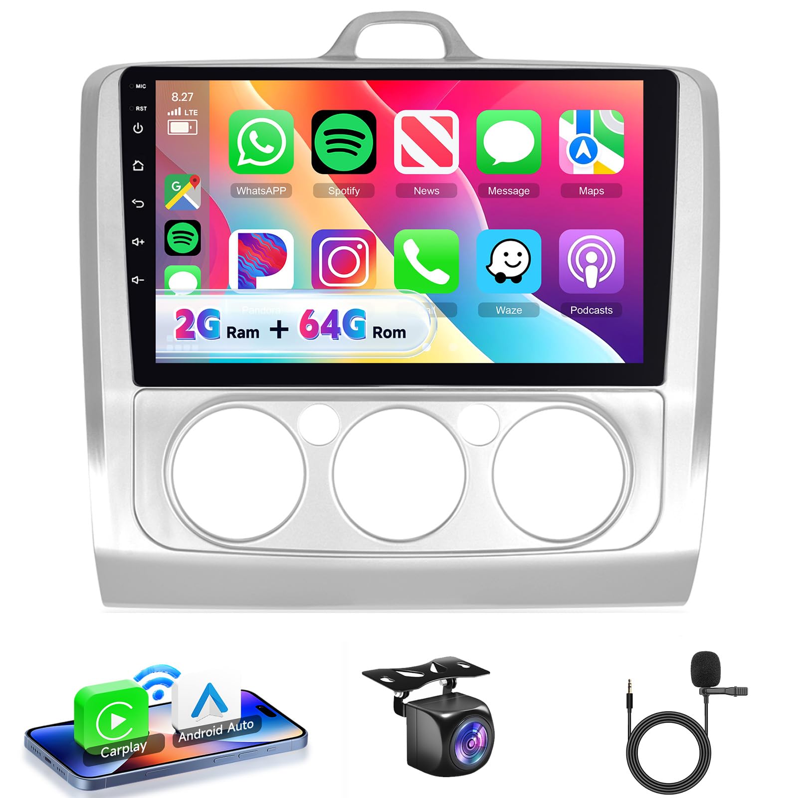 VECHTEL Autoradio 2G+64G Android 15 per Ford Focus Mk2 II 2 2004-2011, 9 Pollici HD 2.5D Schermo Tactile Stereo Auto co Carplay Android Auto senza Fili GPS Wi-Fi USB Bluetooth FM RDS Radio Retrocamera