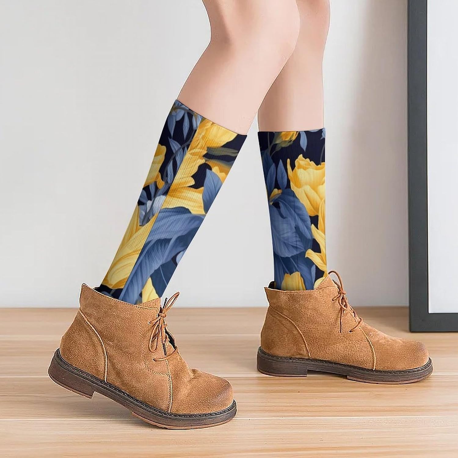 Breathable Crew Sock, Moisture Wicking, Athletic Calf Socks, Cozy | Blue Base Yellow Floral Compression Socks for Women Men, Lightweight High Work Socks for Business, Casual