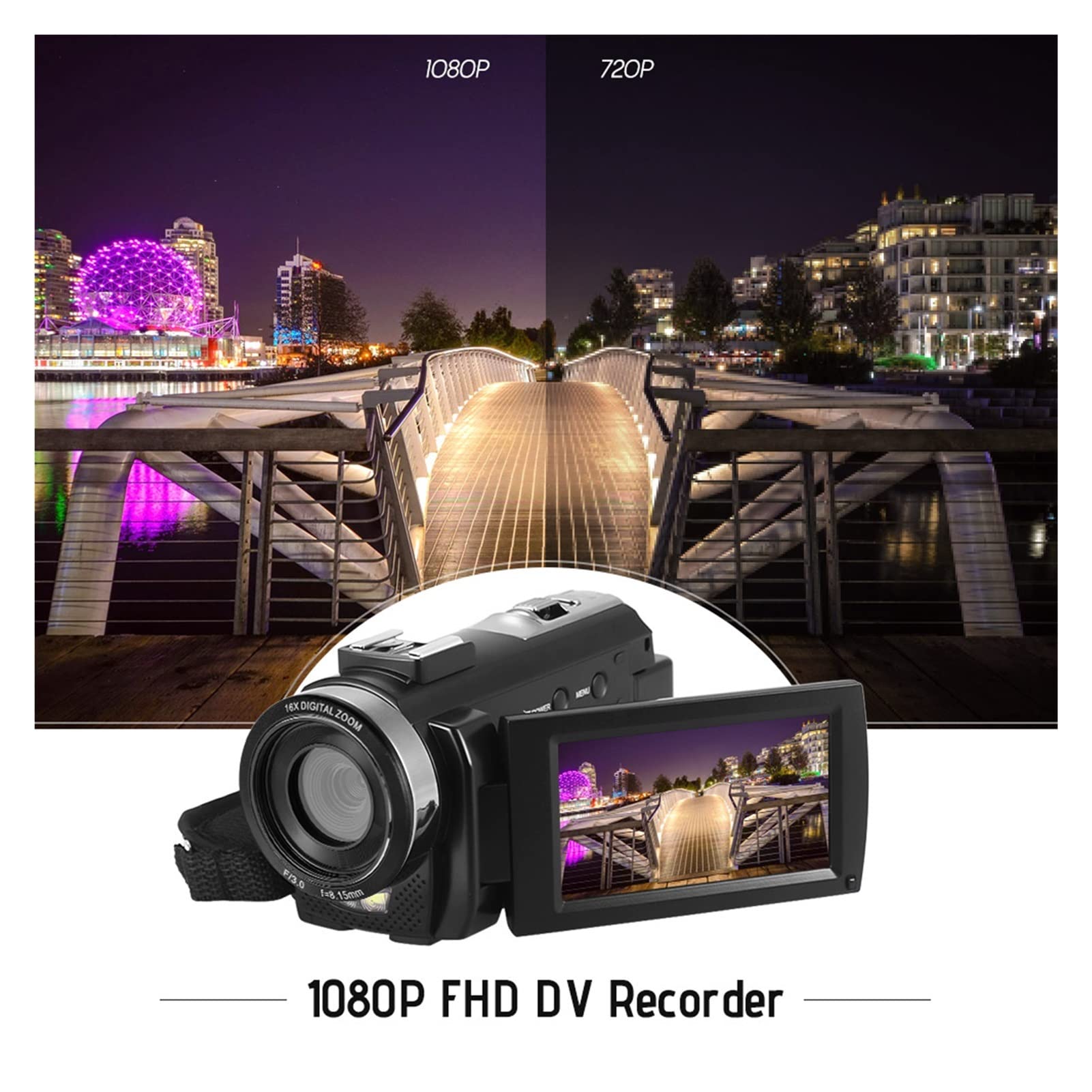 Videocamera, Videocamera digitale HDV-201LM 3 Schermo di pollici 108. 0P FHD. Camcorder della videocamera 4MP 16x. Zoom + batteria ricaricabile(Option 3)