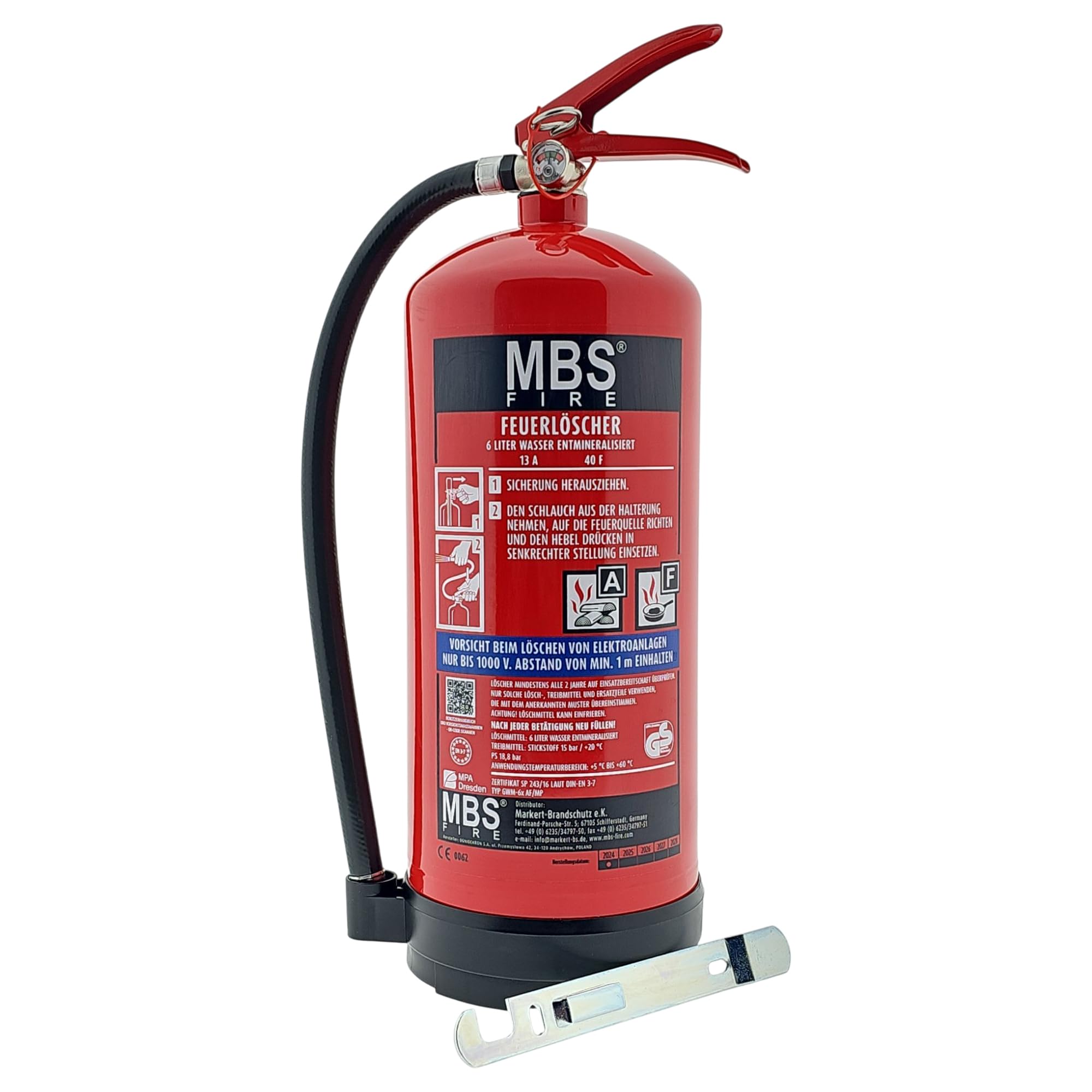 MBS FIRE - Estintore a nebbia d'acqua – 6 litri – Per le classi di incendio A, F – Con pratico supporto a parete – Incl. etichetta di garanzia aggiornata