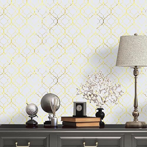 Miniatura 9 de Livebor Papel tapiz de contacto geométrico dorado y blanco, 17.7 x 118.1 pulgadas, papel tapiz moderno para dormitorio, autoadhesivo, extraíble,
