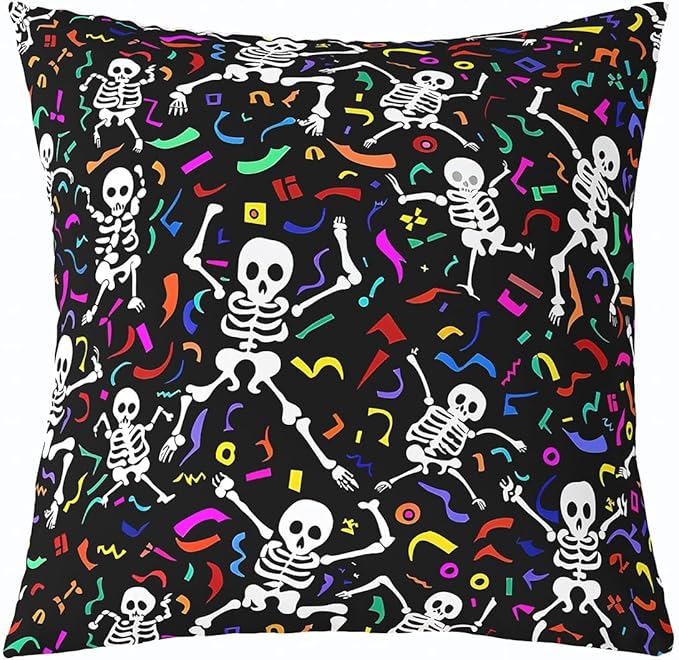 Erosebridal Sugar Skull Pillow Cover Gothic Skeleton Bones Throw Pillow Cover 16X16,Colorful Ribbon Happy Halloween Decorative Pillow Cover Hippie Spooky Cushion Cover for Kids Girls Boy