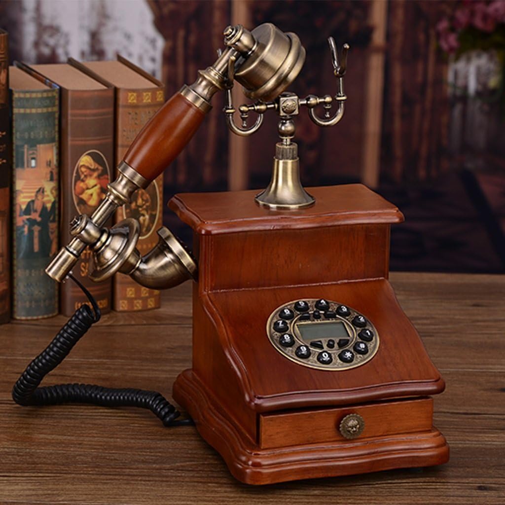 WD Classic Solid Wood Wired Fixed Phone with Rotating Dial and Metal Ringtones