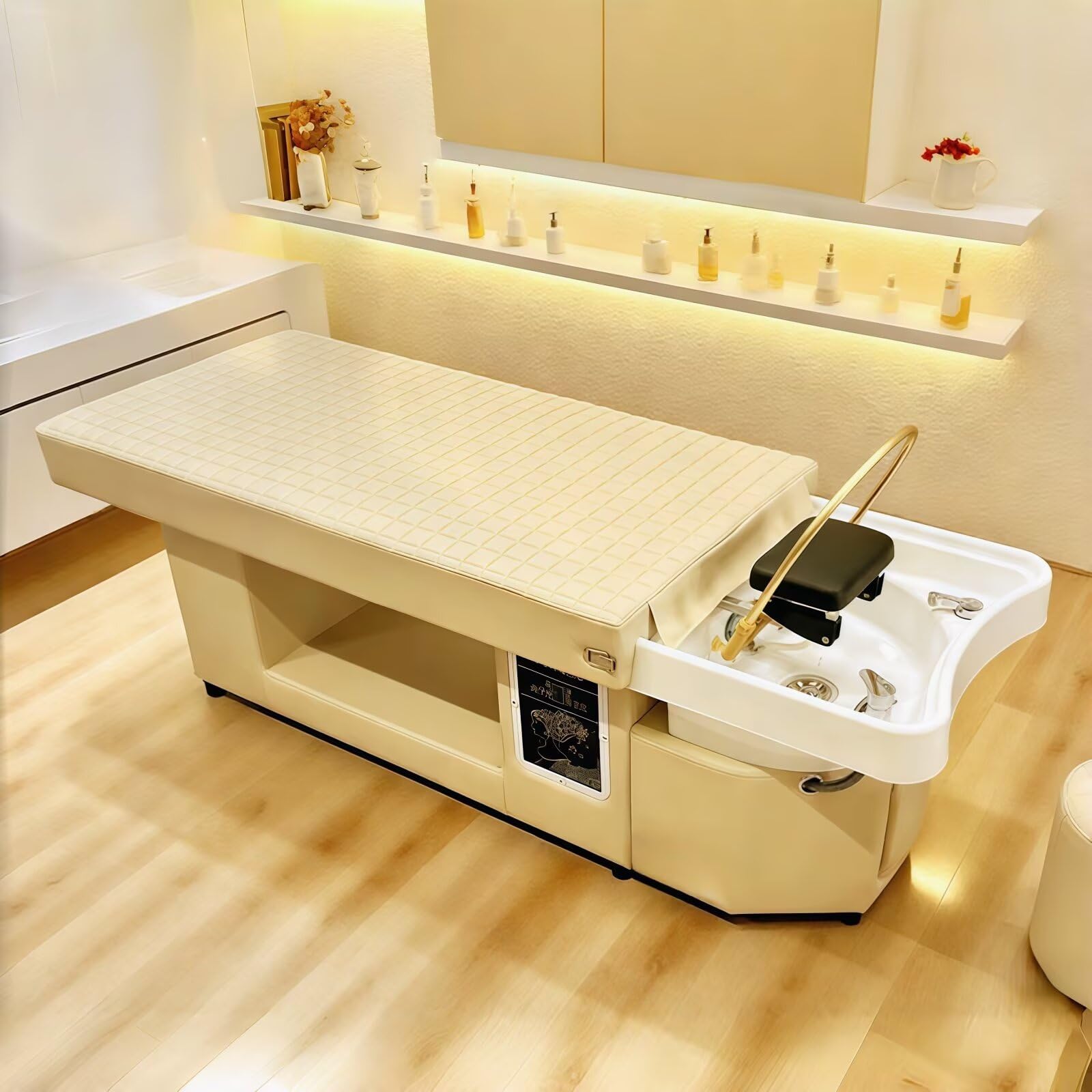 Camilla de champú Head SPA con estampado de cuadrícula beige para salón de