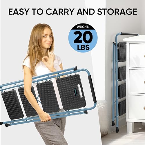 Vista 12 de TICONN Escalera de 3 escalones, taburete plegable resistente, taburete plegable de acero portátil para almacenamiento de garaje doméstico (negro)