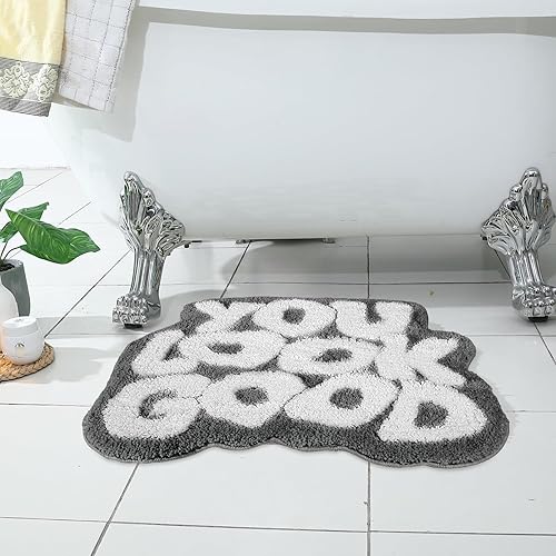 Miniatura 9 de TOIVO Alfombra de baño You Look Good, elegante alfombra de baño verde con palabras lindas, absorbente y antideslizante, 25 x 21 pulgadas (verde)