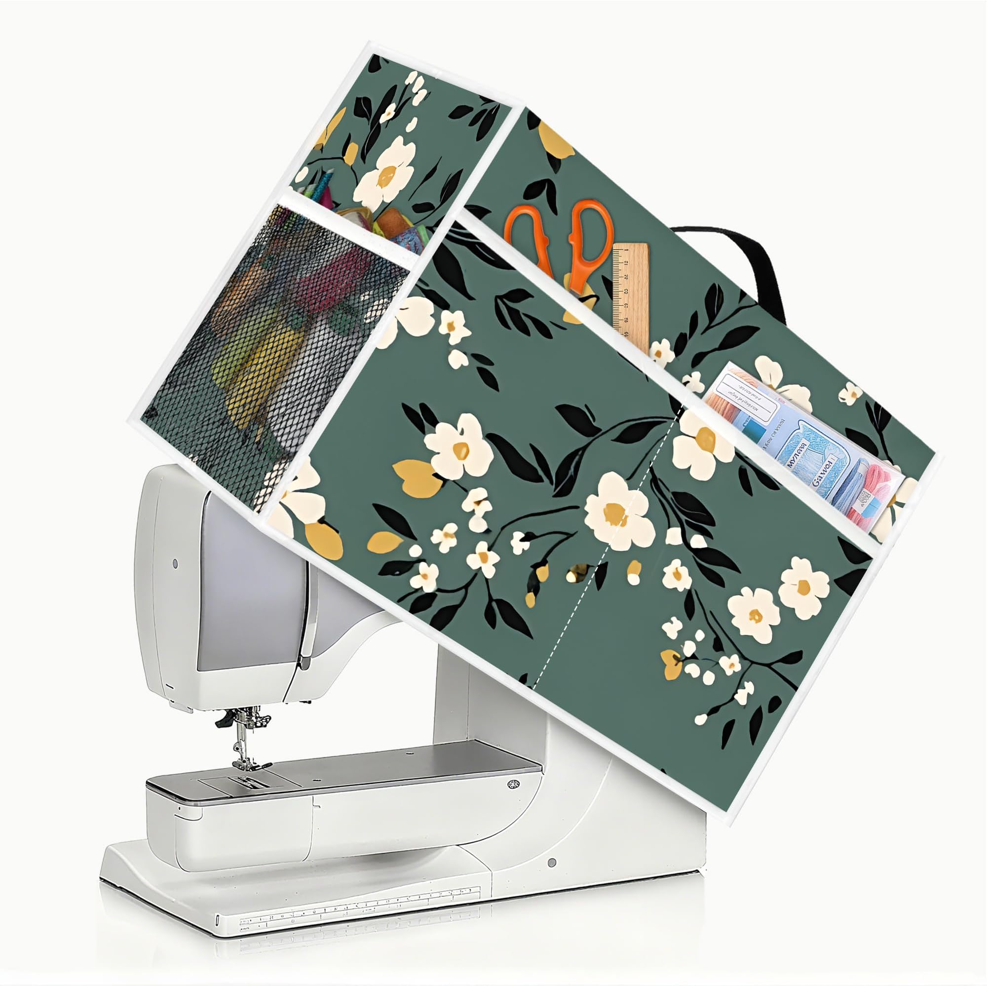 Sewing Machine Dust Cover with Side Handle and Sewing Essentials Pockets – Protective Decorative Dust Cover for Standard Sewing Machine