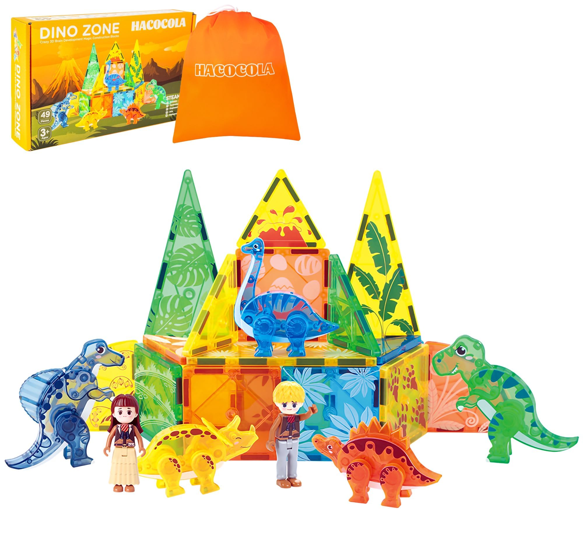 HACOCOLA Dinosaur Magnetic Tiles, Educational Magnet Tiles Building Block Toy Dino World, Learning Construction Magnetic Toys Set for Boys Girls Kids Age 3 4 5 6 7 8（49 PCS）