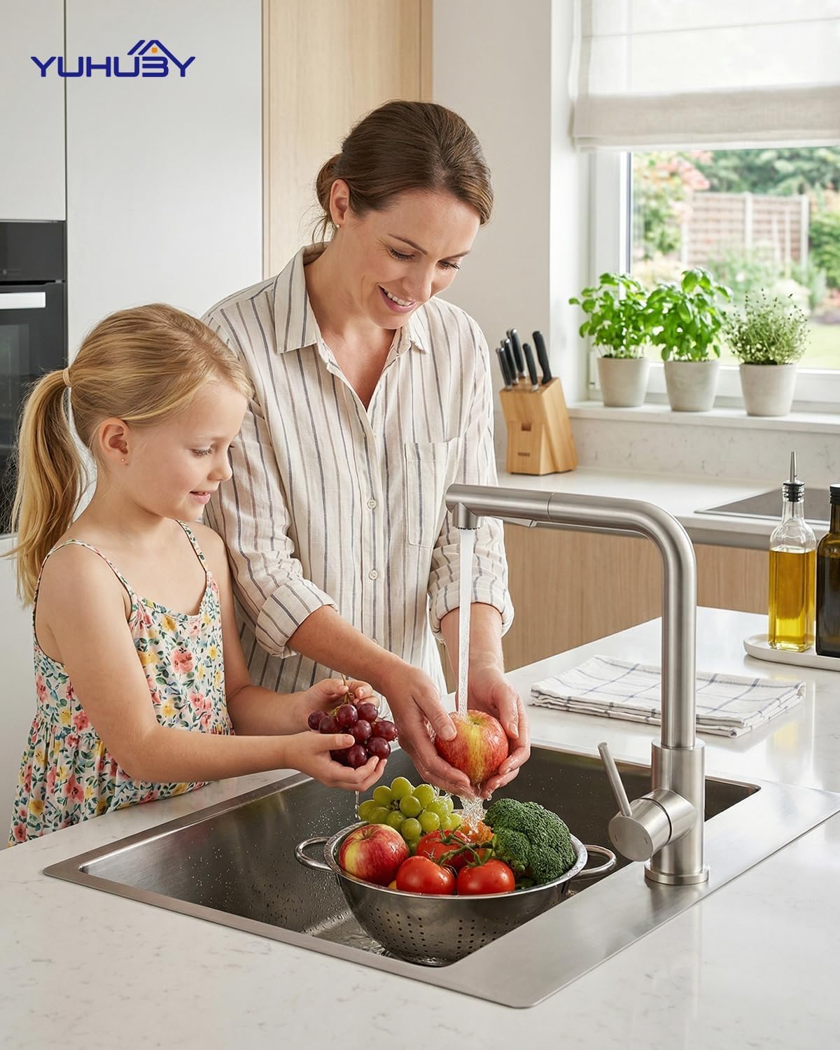 Niederdruck Armatur Küche Ausziehbar, Wasserhahn Küche Niederdruck mit 3 Anschlüssen für Boiler & Untertischgeräte, Küchenarmatur Edelstahl gebürstet, Spültischarmatur mit 2 Strahlarten Brause