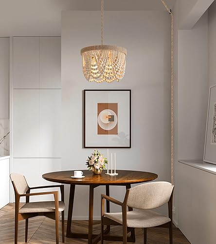 Vista 23 de AZMASA - Lámpara de techo con cuentas de madera, estilo bohemio, de montaje empotrado, cuerda de cáñamo, 3 luces para guardería, dormitorio