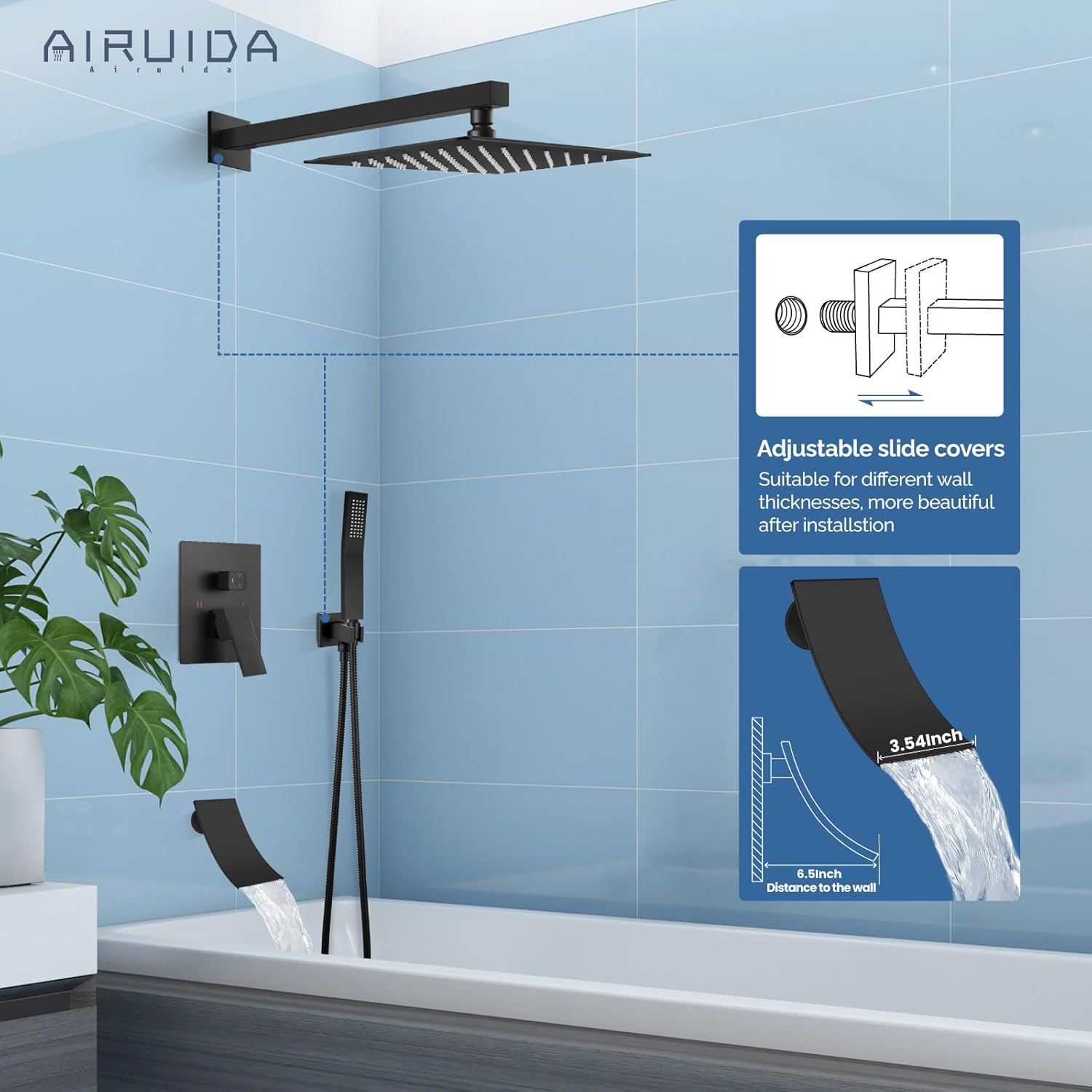 Airuida Bathtub Rain Shower System Set – 3-Function Mixer Shower Faucet with Waterfall Tub Spout,10-Inch Wall-Mount Rainfall Showerhead,Handheld Combo Set,Rough-In Valve Included,Matte Black
