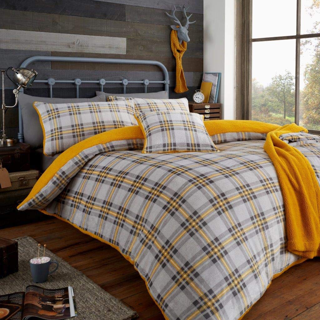 EHD Highland Tartan Check Teddy Sherpa Fleece Luxurious Duvet Cover Sets Super Soft Warm Cosy Quilt Cover Sets Reversible Bedding Sets GC (Ochre, King Size)