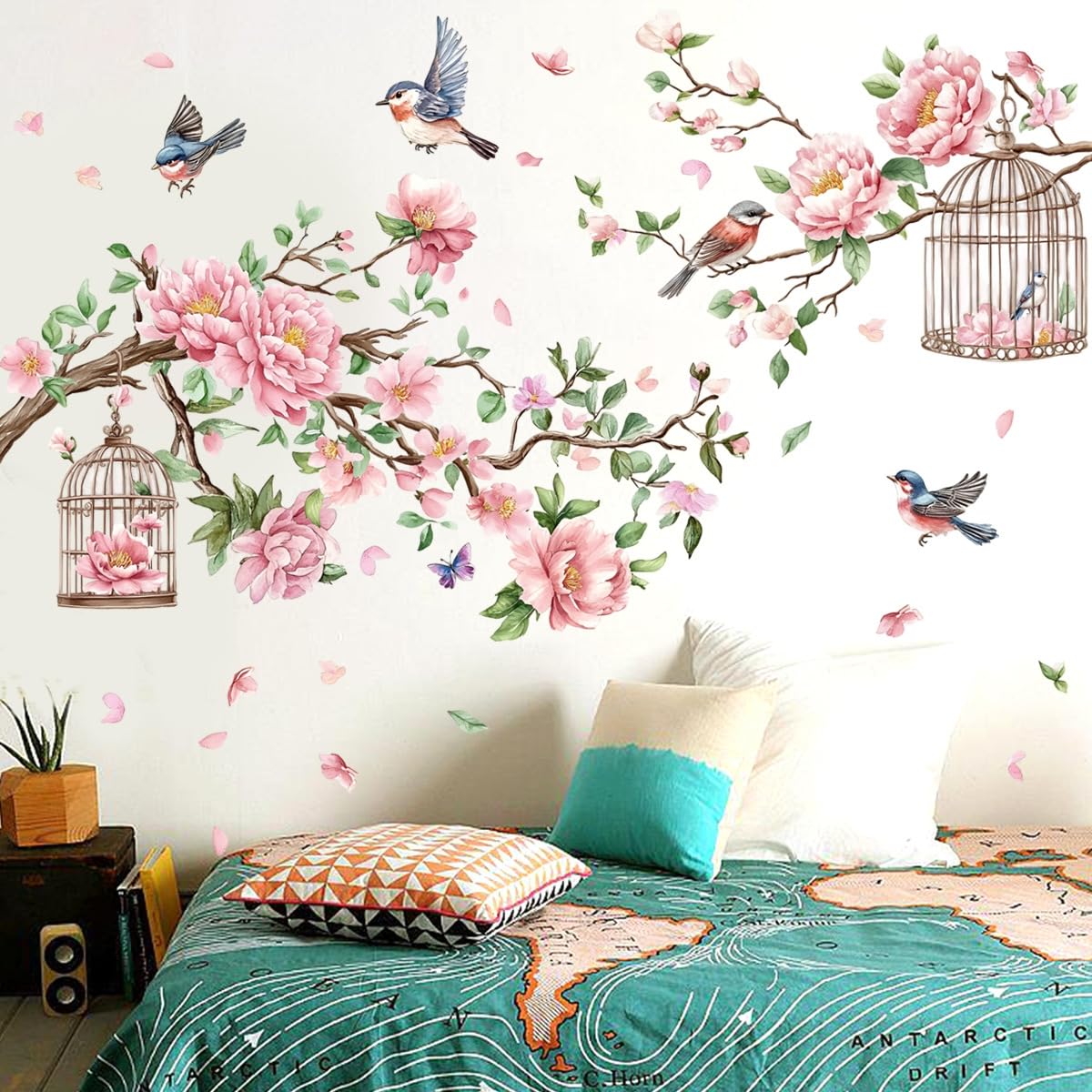 Rosa Kirschblüten Wandtattoo mit Vögeln und Vogelkäfigen, großer floraler Wandaufkleber, 150 x 125 cm