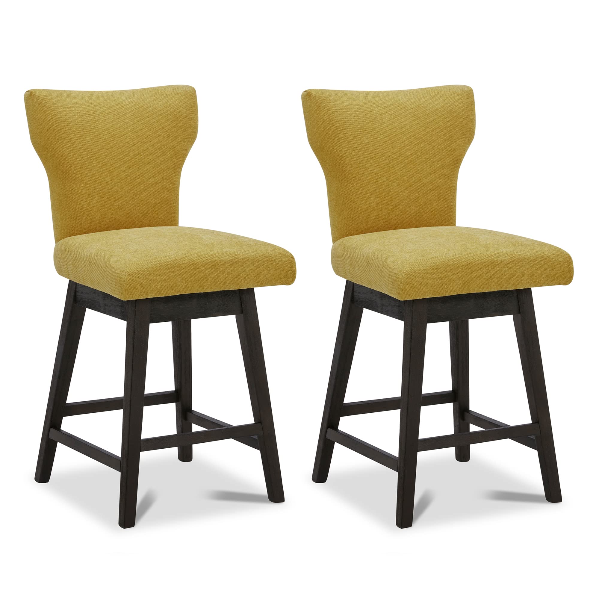 Modern 360° Swivel Barstools Set of 2 for Kitchen Island, Upholstered Counter Height Bar Stool with Back and Solid Wood Legs, 26" H Seat, Fabric in Yellow