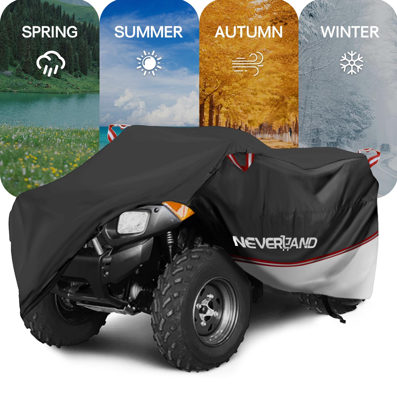 Neverland Quad Abdeckplane ATV Abdeckung,Wasserdicht Innen und Außen Verwendbar Abdeckung für Quad Cover Schnalle Schneesicher Staubdicht Quadplane Schwarze und Silberne Spleiße 256 * 110 * 120cm
