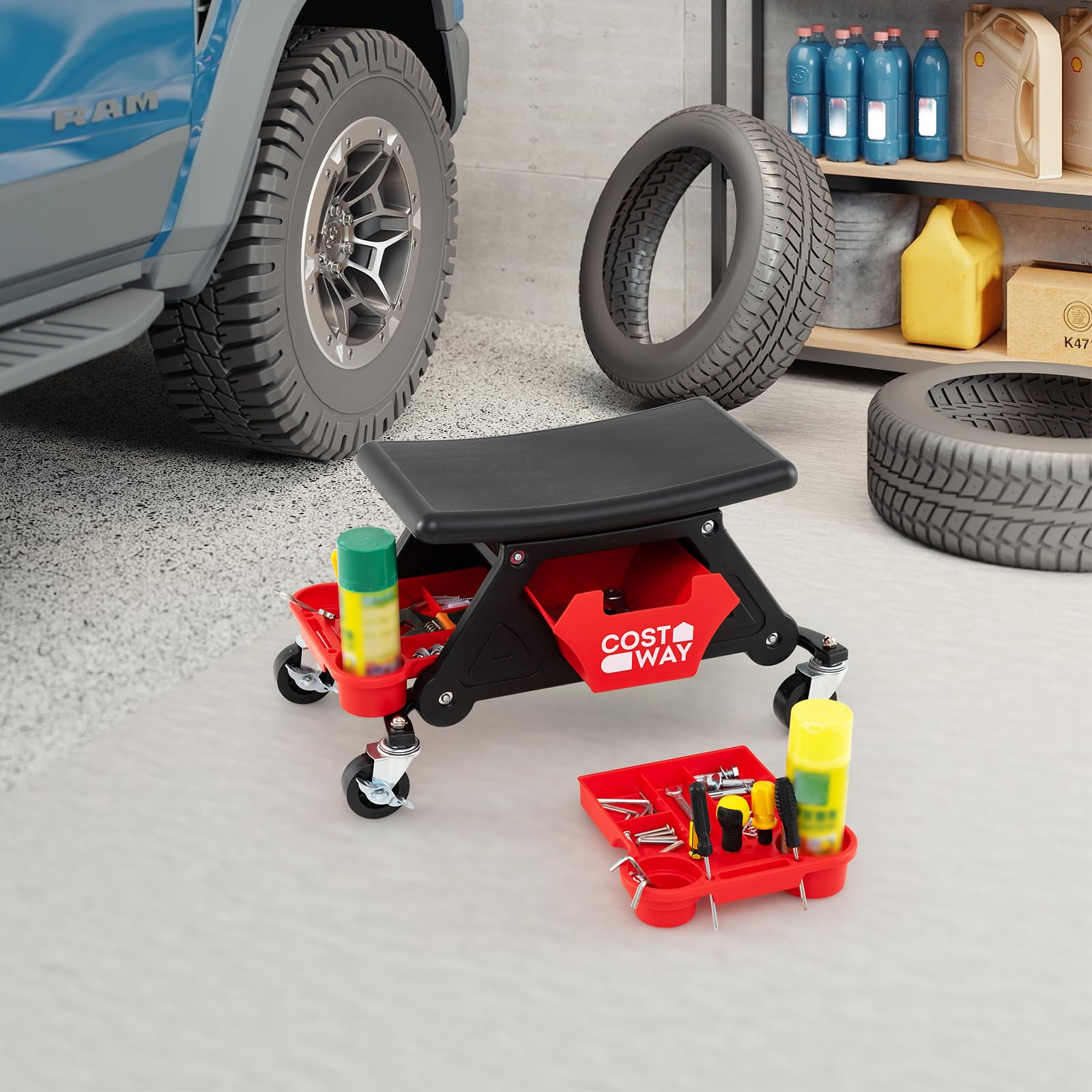 COSTWAY Sgabello da Officina con Ruote, Sedia Meccanico con Cassetto Estraibile e 2 Vassoi Divisori, Capacità di 135 kg, per Riparazione Auto, per Garage e Officina