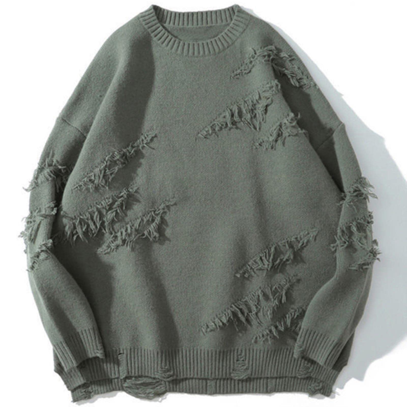 Choux Men's Green Vintage Sweater Hip Hop Harajuku Clothing Streetwear Pullovers Oversized Sweater Ripped Pure Color Hole Wool Knitwear Tops-,Xxl