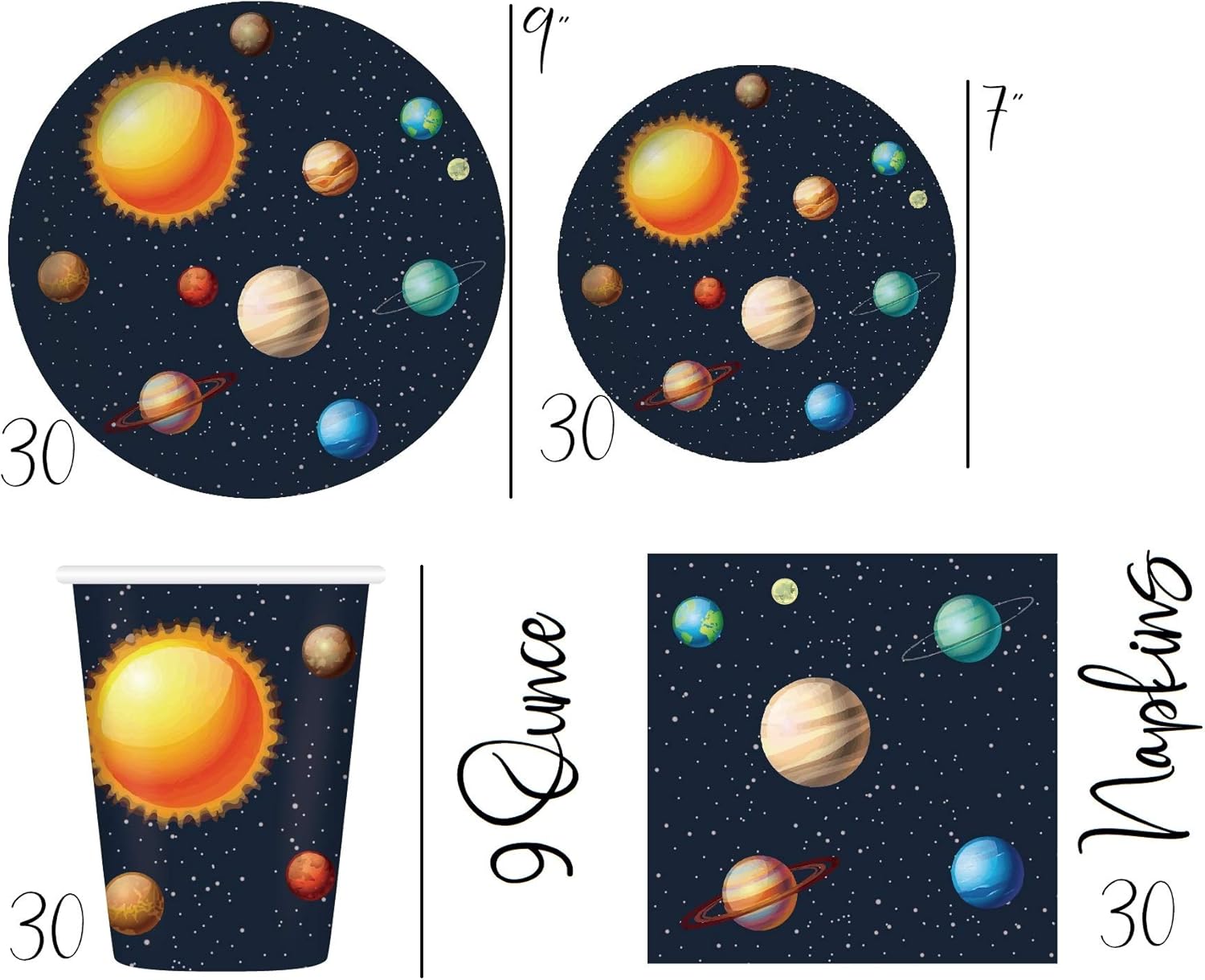 Serves 30 | Complete Party Pack | Space Theme Party Supplies | 9" Dinner Paper Plates | 7" Dessert Paper Plates | 9 oz Cups | 3 Ply Napkins | 2 Table Cover | 20 Photo Props | 1 Banner | Space Party Supplies Space Party Theme : Home & Kitchen
